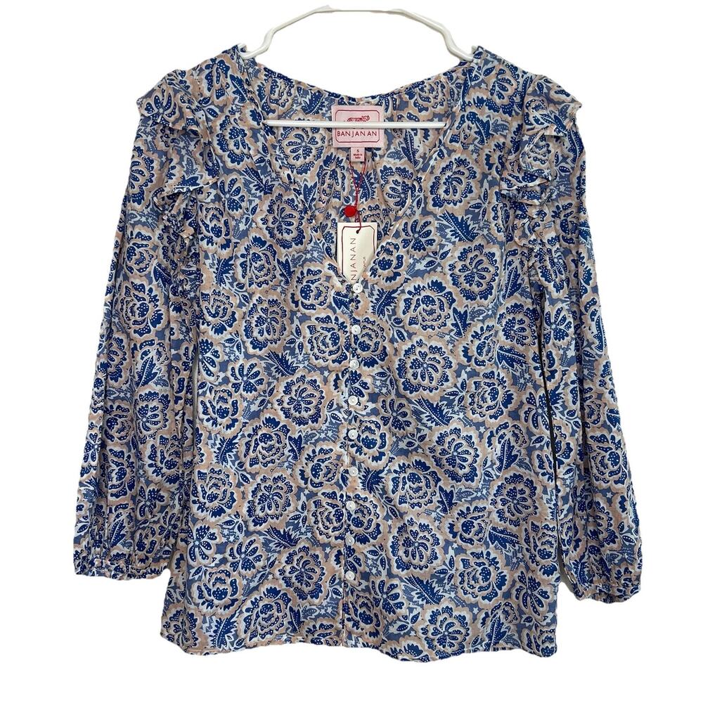 Anthropologie Banjanan Small Elise Top Ruffle Floral Button Up V-neck New Q25